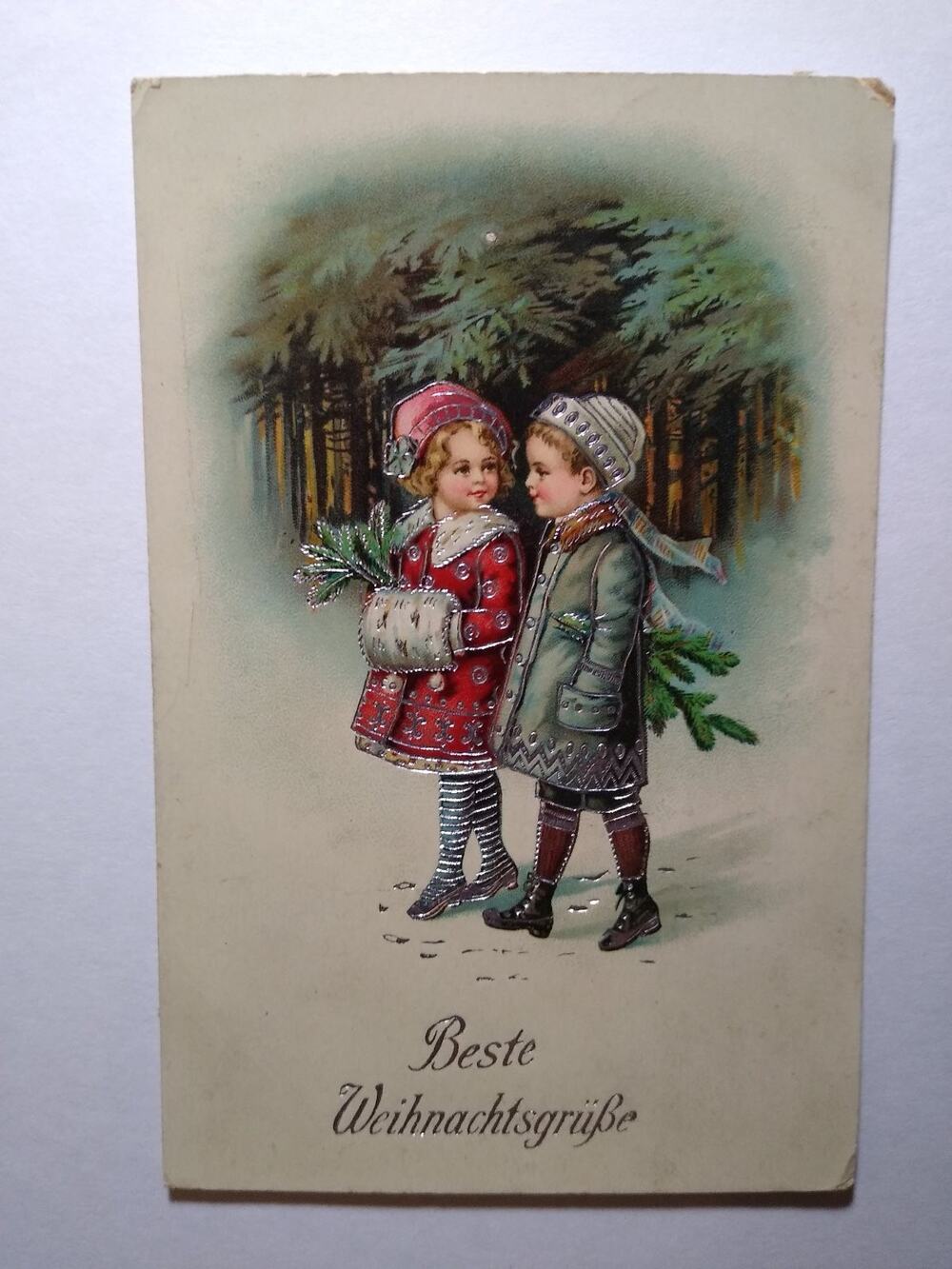 Vintage German Christmas Postcard Children Evergreen Snow Forest "Beste